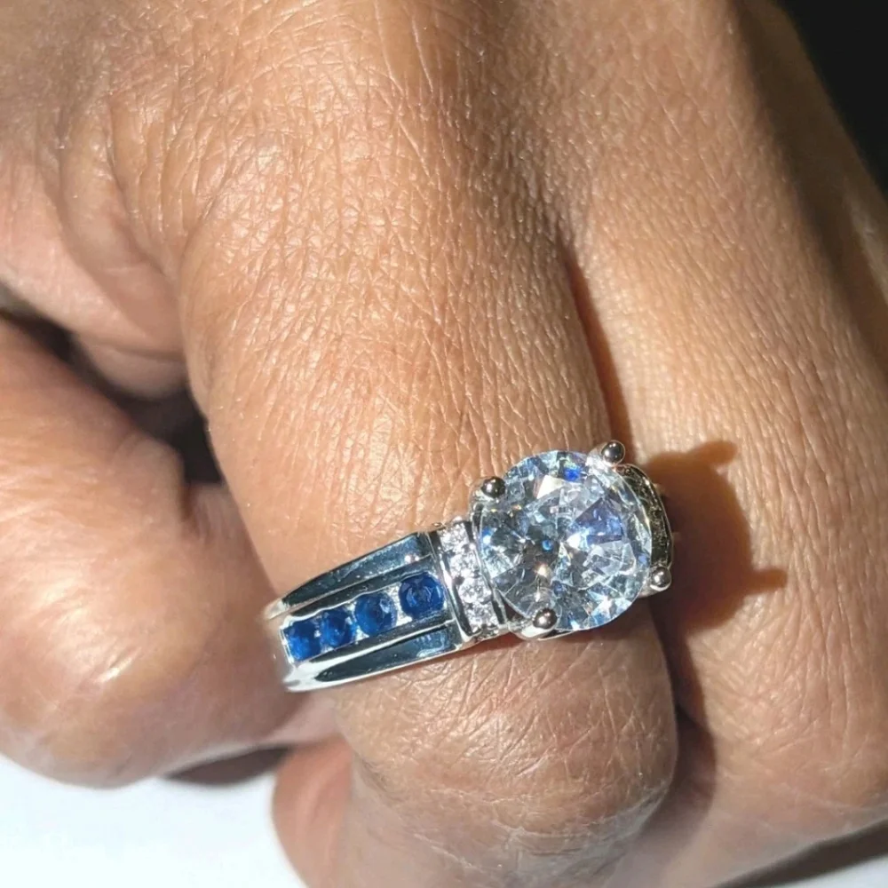 3Ct Round Cut Lab Created Diamond Sapphire Engagement Ring 14K White Gold Plated